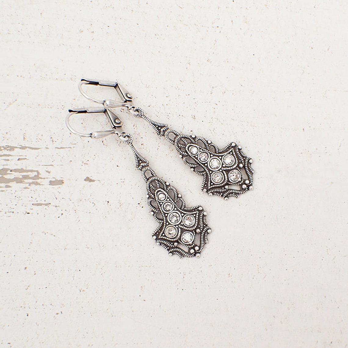 Antique Style Drop Earrings With Silver Crystals and Filigree Etsy
