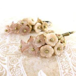 Neo Victorian Flower Cluster Earrings Pink Gold and Ivory Czech Flower Earrings Brass Vintage Style Flower Jewelry Cottage Chic Wedding image 2