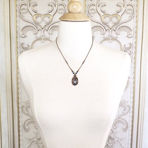 Victorian Cabochon Necklace with Aqua Blue Faux Opal Stone and Crystals and Antiqued Copper Filigree image 5
