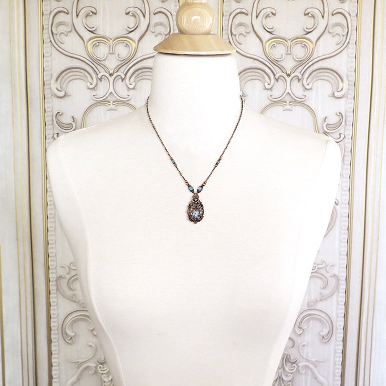 Victorian Cabochon Necklace with Aqua Blue Faux Opal Stone and Crystals and Antiqued Copper Filigree image 5