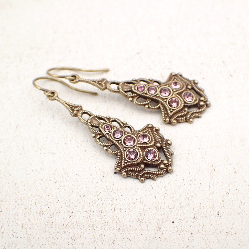 Antique Style Drop Earrings With Dusty Pink Crystals and Brass Etsy