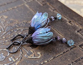Handmade iridescent Blue and Lavender Flower Earrings, Colorful Artistic Victorian Tulip Drops with Black Metal and Austrian Crystal Beads