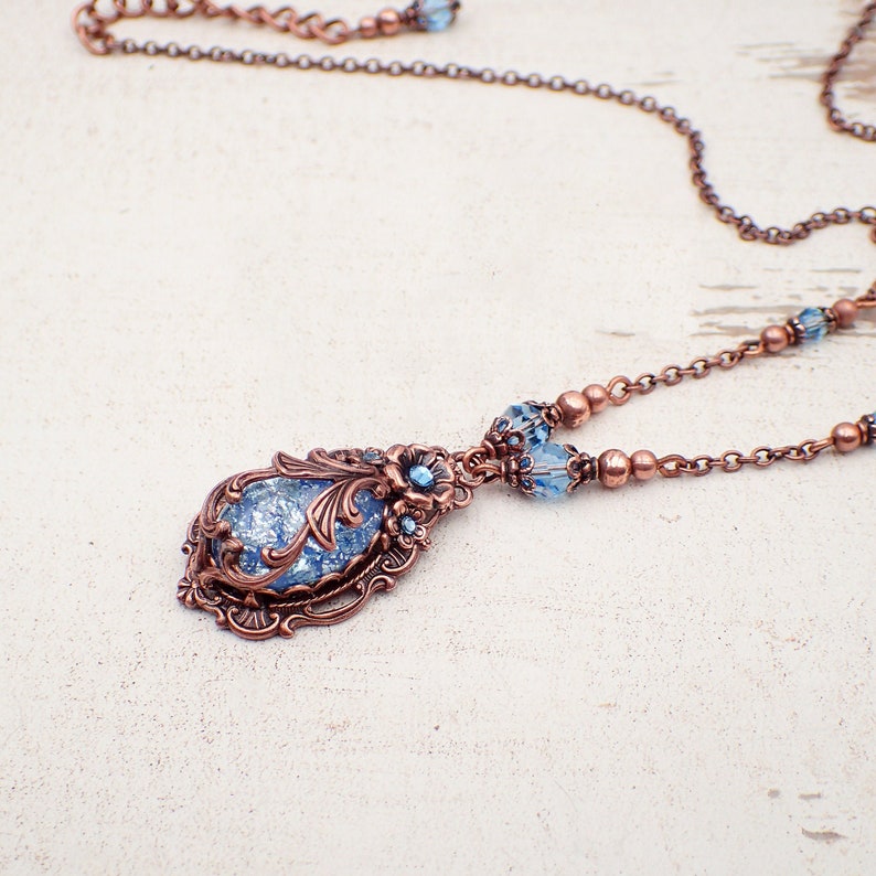 Victorian Cabochon Necklace with Aqua Blue Faux Opal Stone and Crystals and Antiqued Copper Filigree image 2