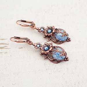 Victorian Cabochon Earrings with Aqua Blue Faux Opal Stones and Crystals and Antiqued Copper Filigree