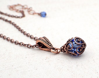 Bright Blue Copper Filigree Pendant Necklace made with Sapphire Blue Crystals and Antique Style Filigree