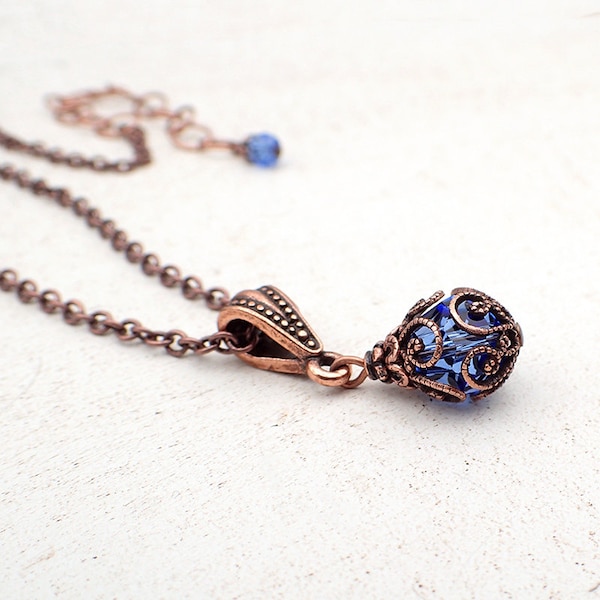 Handmade Bright Blue Copper Filigree Pendant Necklace made with Sapphire Blue Crystals and Antique Style Filigree