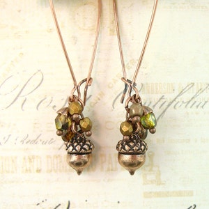 Handmade Vintage Style Long Autumn Acorn Earrings with Antiqued Copper and Iridescent Green Czech Glass Beads