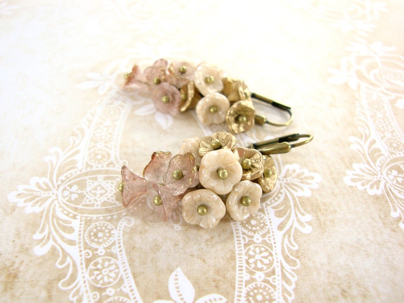 Neo Victorian Flower Cluster Earrings Pink Gold and Ivory Czech Flower Earrings Brass Vintage Style Flower Jewelry Cottage Chic Wedding image 3