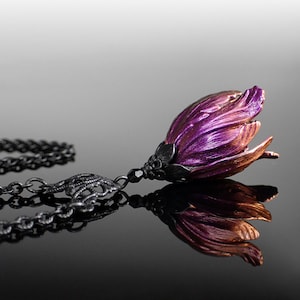 Iridescent Color Shifting Flower Necklace with Gothic Victorian Tulip Pendant and Black Metal Filigree and Crystals