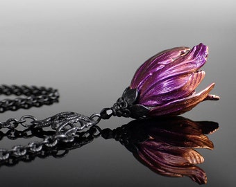 Iridescent Color Shifting Flower Necklace with Gothic Victorian Tulip Pendant and Black Metal Filigree and Crystals