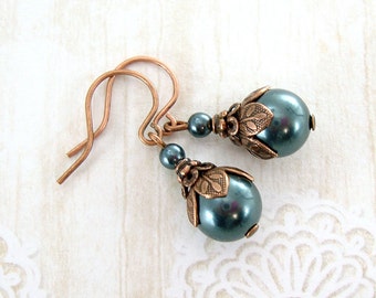 Dusky Teal Swarovski Pearl Earrings - Woodland Nature Jewelry - Dark Green Pearl Drop Earrings Neo Victorian Jewelry Antique Copper Earrings