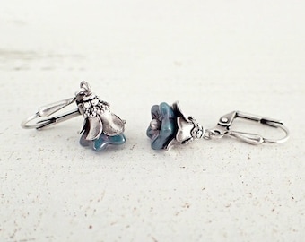 Teal Blue and Silver Flower Earrings - Hooks, Lever Backs or Clip Ons - Small Dangle Czech Glass Bead Earrings - Metal Whimsical Jewelry