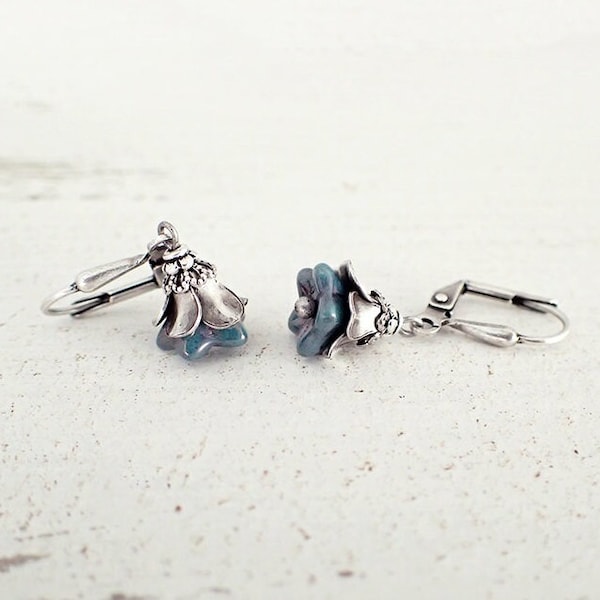 Teal Blue and Silver Flower Earrings - Hooks, Lever Backs or Clip Ons - Small Dangle Czech Glass Bead Earrings - Metal Whimsical Jewelry