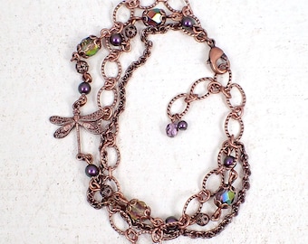 Copper Chain Multi Strand Bracelet - Crystal Pearls Czech Glass Dragonfly Bracelet Peacock Colors Rustic Nature Purple and Copper Jewelry