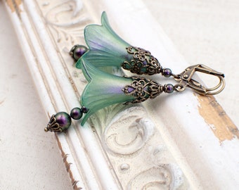 Lucite Flower Earrings in Iridescent Green and Purple with Vintage Victorian Style Antiqued Brass Floral Filigree and Crystal Pearls