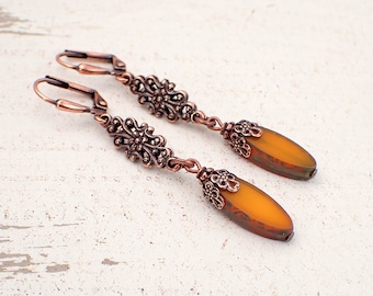 Artisan Czech Glass Beaded Earrings with Silky Pumpkin Orange Beads and Antiqued Copper Floral Details