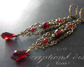 Handmade Romantic Red Victorian Earrings, Crystal Blood Red Teardrop Long Earrings in Antiqued Brass Gothic Wedding Jewelry, Vampire Jewelry