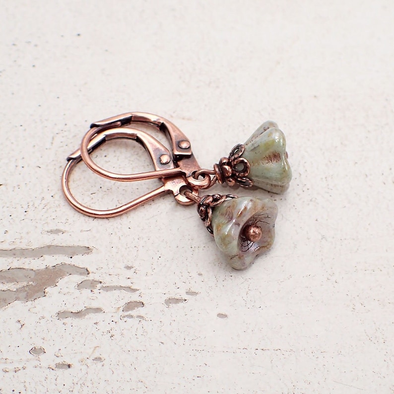 Little Rustic Flower Earrings with Czech Glass Beads and Antiqued Copper image 1
