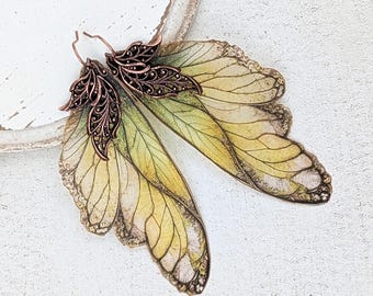 Woodland Fairy Wing Earrings, Translucent Leaf Antiqued Copper Filigree Lightweight Fantasy Fairycore Jewelry