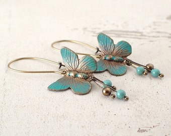 Hand Painted Verdigris Patina Butterfly Earrings in Antiqued Brass with Long Kidney Ear wires and Crystal Simulated Pearls