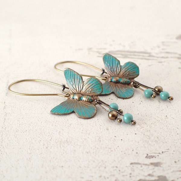 Hand Painted Verdigris Patina Butterfly Earrings in Antiqued Brass with Long Kidney Ear wires and Crystal Simulated Pearls