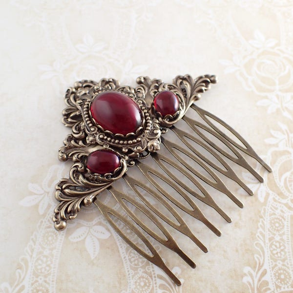 Antique Style Hair Comb, Handmade with Antiqued Brass Bronze and Red, Victorian Style Hair Comb Slide, Goth Renaissance Wedding Accessories