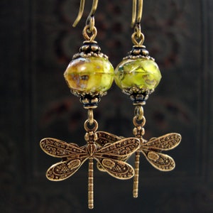 Brass Dragonfly Earrings - Artisan Czech Glass Rustic Green and Beige Swirl Beads - Vintage Victorian Style Boho Nature Inspired Jewelry