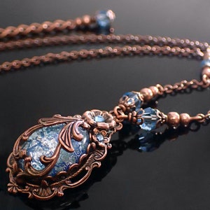 Victorian Cabochon Necklace with Aqua Blue Faux Opal Stone and Crystals and Antiqued Copper Filigree image 4