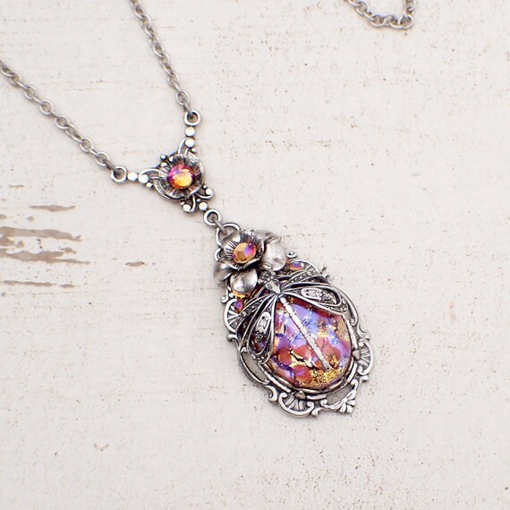 Victorian Cabochon Dragonfly Pendant Necklace With Bright - Etsy
