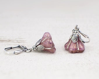 Czech Glass Flower Earrings with Dusty Lavender Pink Artisan Czech Beads and Antiqued Silver Metal