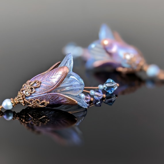 Lucite Flower Earrings in Color shifting Iridescent Lavender and Blue With Crystal Beads and Antiqued Copper Handmade Artistic Jewelry Etsy Canada