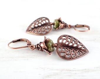 Handmade Floral Copper Earrings with Lever Backs, Rustic Green Flowers, and Antiqued Copper Woodland Filigree Leaf Drops