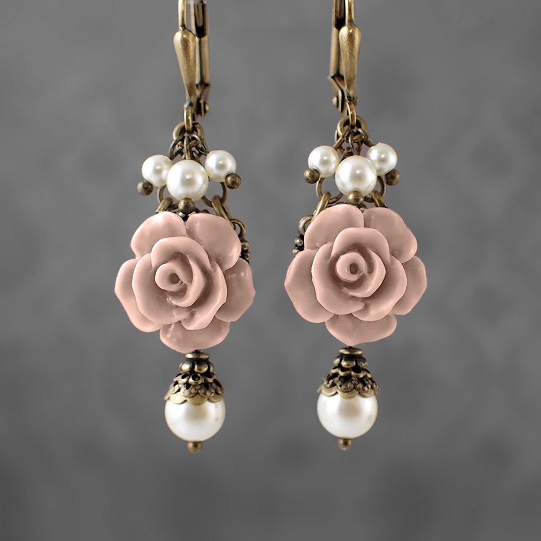 Dusty Blush Pink Resin Rose Lever Back Earrings Crystal Pearl Ivory ...