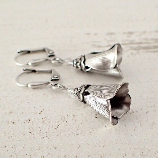 Victorian Style Silver Tulip Flower Earrings with Crystal Beads - Handmade Artisan Boutique Antiqued Silver Ox Floral Jewelry