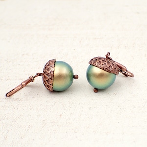 Acorn Earrings with Iridescent Light Green Crystal Pearls and Antiqued Copper - Handmade Autumn Jewelry, Hook, Lever Back, or Clip On