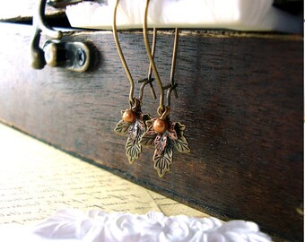 Maple Leaf Dangle Earrings, Handmade Vintage Style with Antique Bronze and Copper Metal