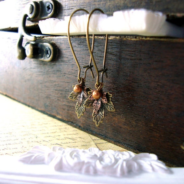 Maple Leaf Dangle Earrings, Handmade Vintage Style with Antique Bronze and Copper Metal