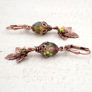 Iridescent Green and Antiqued Copper Autumn Maple Leaf Charm Handmade Earrings, Hooks, Lever Backs, or Clip Ons