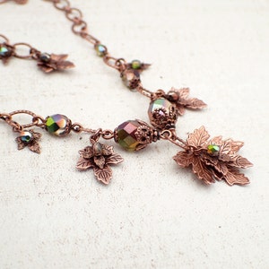 Iridescent Green and Antiqued Copper Handmade Autumn Maple Leaf Charm Necklace