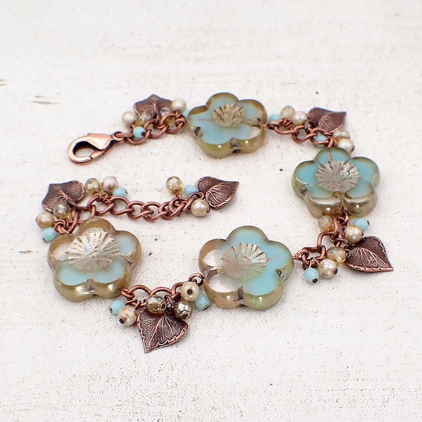 Czech Glass Beaded Bracelet with Artisan Table-cut Flower Beads, Mint Green and Champagne Beaded Clusters with Antiqued Copper Leaf Charms