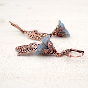 Blue and Copper Czech Glass Boho Flower Bead Earrings made with Vintage Style Antiqued Metals