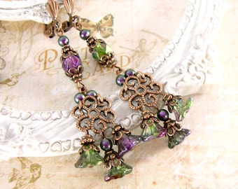 Floral Chandelier Earrings with Iridescent Purple and Green Beads and Antique Copper Filigree