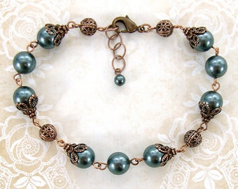 Dark Teal Crystal Pearl Bracelet - Dark Seafoam Green Antique Copper Jewelry Filigree Beaded Bracelet - Vintage Renaissance Style Jewelry