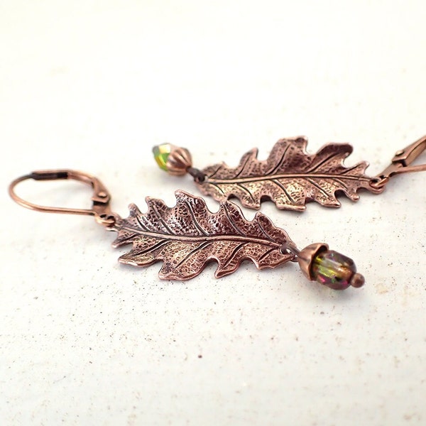 Iridescent Green and Copper Oak Leaf Dangle Earrings with Lever Backs and Little Acorns - Copper Ox Woodland Autumn Jewelry
