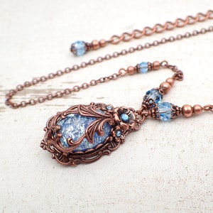 Victorian Cabochon Necklace with Aqua Blue Faux Opal Stone and Crystals and Antiqued Copper Filigree