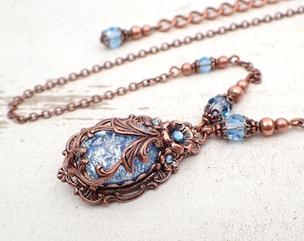 Victorian Cabochon Necklace with Aqua Blue Faux Opal Stone and Crystals and Antiqued Copper Filigree