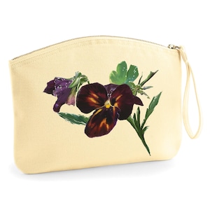 Bolsa de mano ecológica de algodón orgánico con cremallera, multiusos, con estampado de flores y pensamientos.