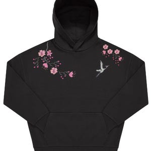 桜と鶴の刺繍入りピンク花のオーバーサイズユニセックスパーカー