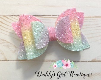 Pastel Bow - Rainbow Baby Bow - Easter Bow - Easter Headband - Spring Hair Bows - Rainbow Glitter Bow -Spring Headband  - Glitter Bows