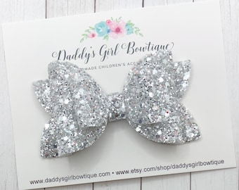 Silver Glitter Bow Headband - Glitter Bow - Glitter Bow Headband - Silver Bow Headband - Silver Bow Hair Clip - Silver Hair Bow